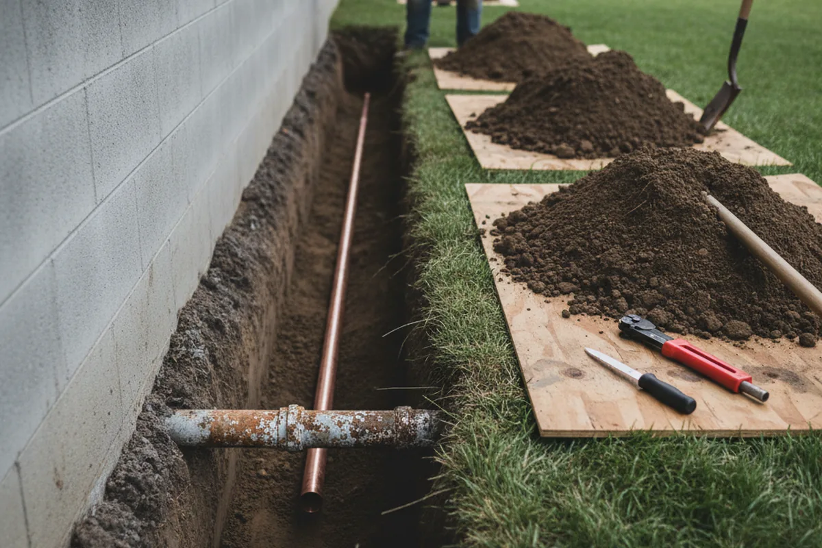 Excavated water line trench during Sewer Line Repair in Loudon